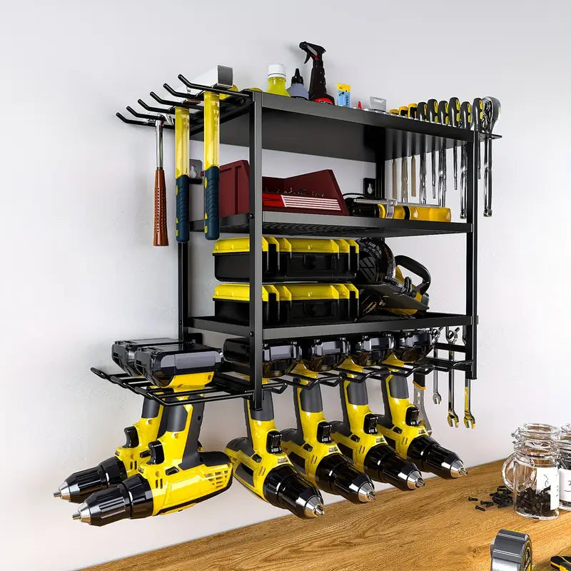 Raft pentru scule si unelte, din metal, cu montare pe perete, dimensiuni 60x41.5x24.5 cm, cu 4 compartimente de depozitare, carlige pentru agatare, negru