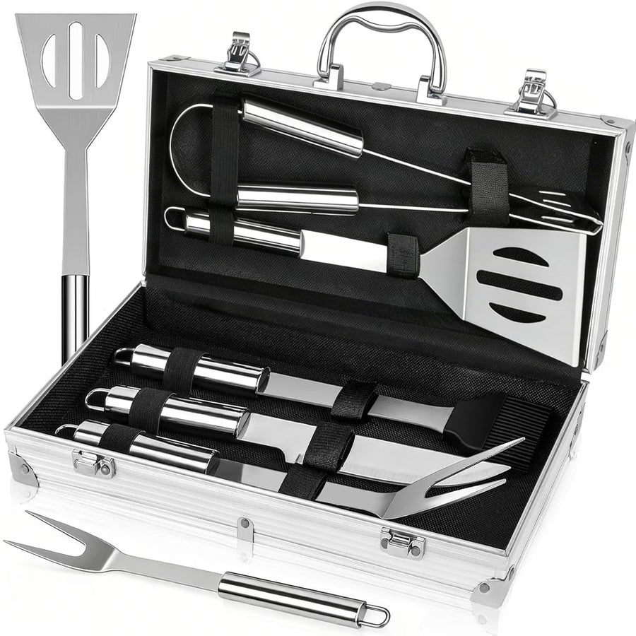 Set 5 Ustensile Gratar Otel Inoxidabil cu Cutie Depozitare Aluminiu - imagine principala