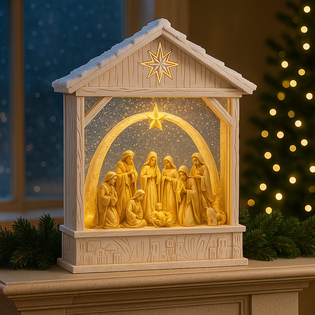 Glob muzical decorativ Craciun - Nasterea Domnului cu sclipici si lumina, 25cm