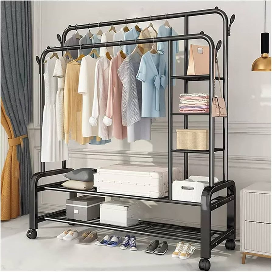 Suport Dublu de Umerase pentru Haine Stand Metalic Organizator 162x110cm Negru cu Roti