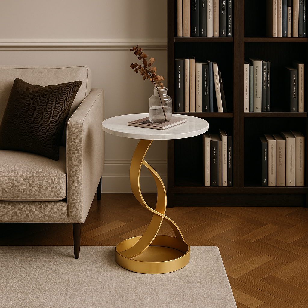 RESIGILAT - Masuta laterala moderna cu blat tip marmura si cadru metalic, design nordic slim, 50 x 33 x 55 cm