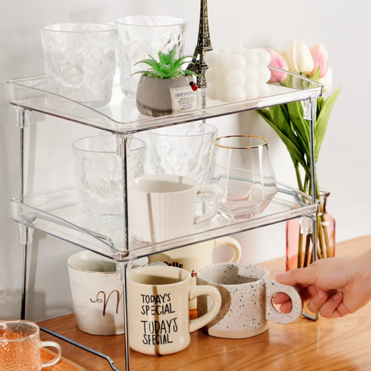 Organizator pliabil pentru bucatarie, sistem de stivuire, picioare inox, 29 x 21 x 16 cm, transparent