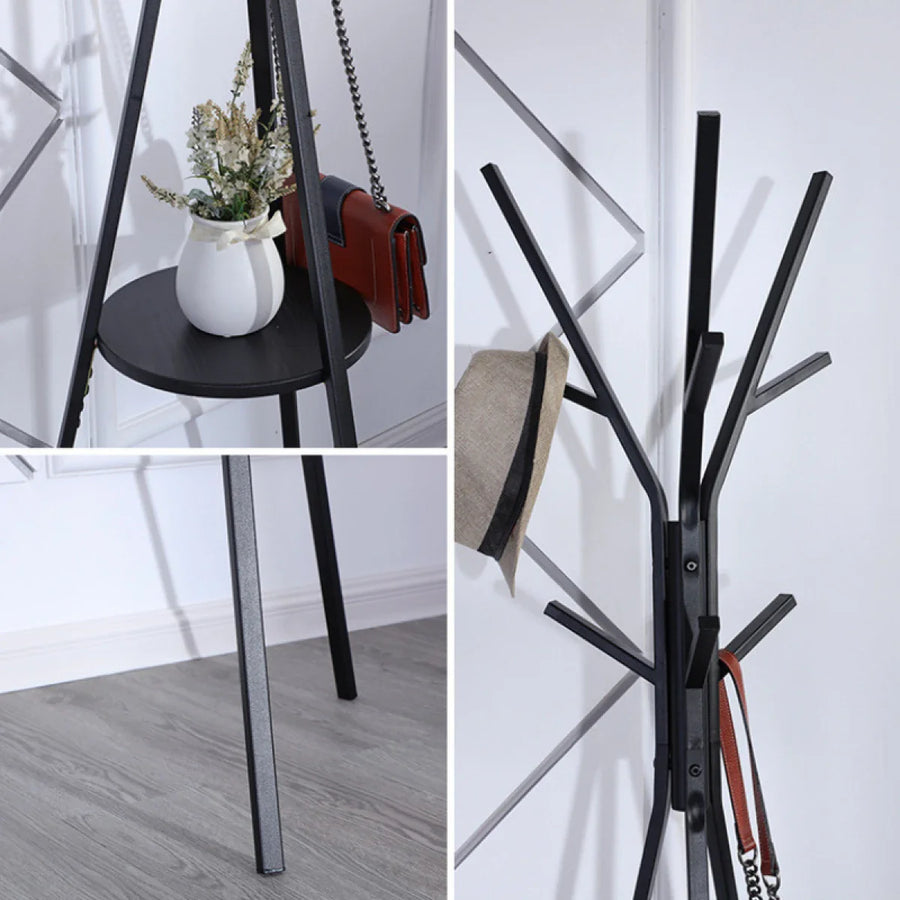 RESIGILAT - Cuier haine cu suport din lemn pentru accesorii, 9 carlige, otel carbon, 180 x 45 cm, negru
