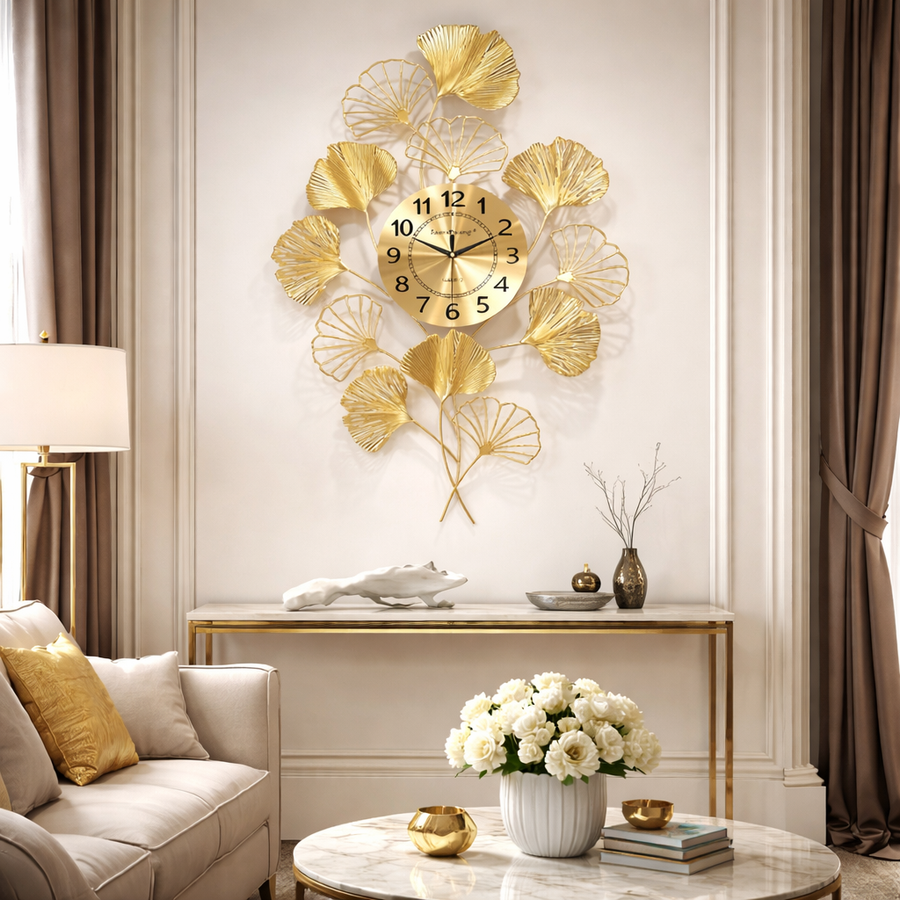 Ceas de perete decorativ 76 x 42 cm – design artistic cu frunze metalice, decor lux pentru living