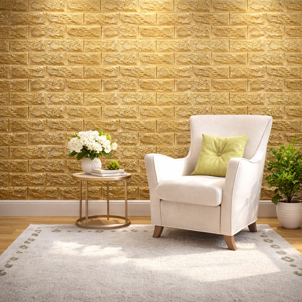 Tapet 3D caramida aurie in relief auto-adeziv pentru interior, 70 x 77 cm
