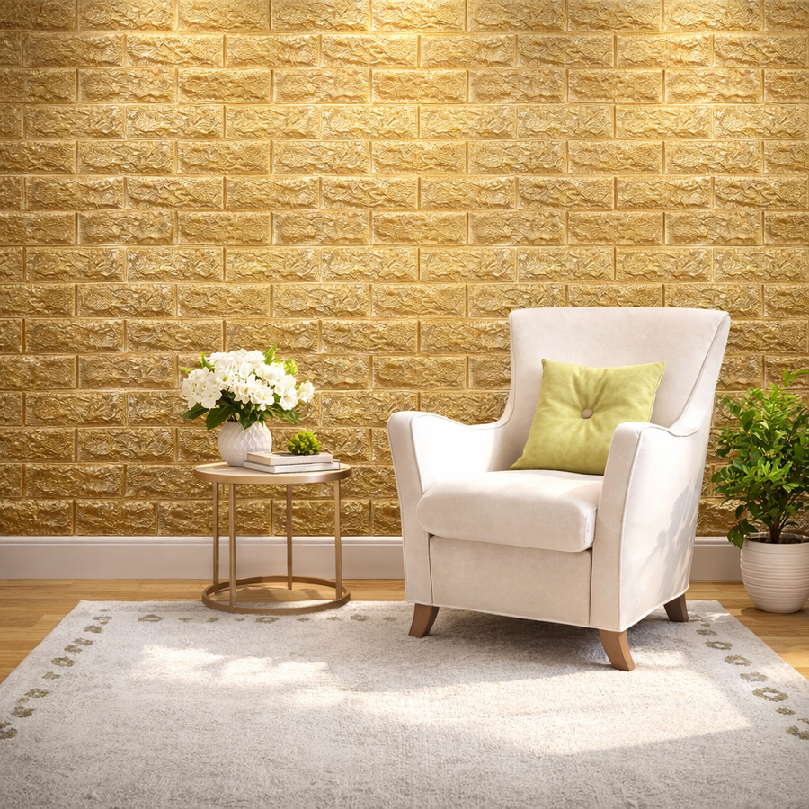 Tapet 3D caramida aurie in relief auto-adeziv pentru interior, 70 x 77 cm