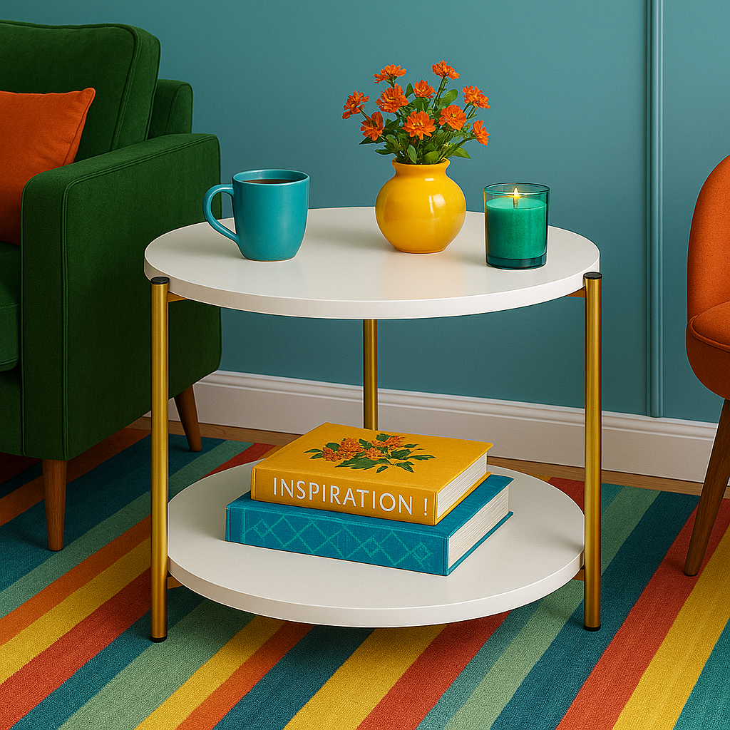 Masuta rotunda cu blat tip marmura si raft pentru depozitare, picioare aurii, design modern 40 x 40 x 43 cm – Alb