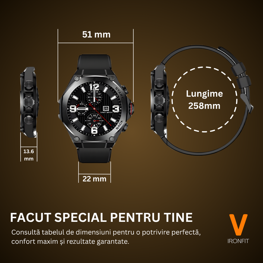Ceas Smartwatch Barbati IRONFIT, Ecran AMOLED 1.43", Fitness, Sport, Apel Bluetooth, Notificari Limba Romana, Microfon HD, Rezistent Apa 5ATM, 2 Curele Incluse, Negru