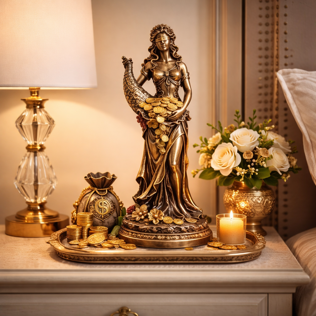 Statueta decorativa Zeita Prosperitatii cu Cornul Abundentei simbol al bogatiei si belsugului 35 x 11 x 11 cm