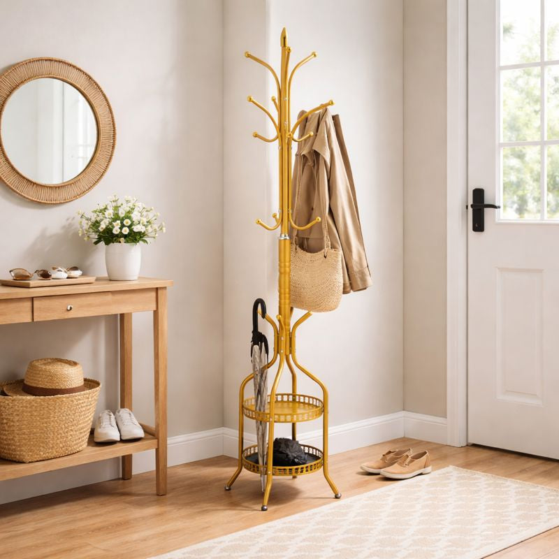 Cuier de podea metalic auriu, 34 x 189 cm, cu carlige multiple si 2 rafturi de depozitare, tip hall tree, pentru hol, dormitor sau birou