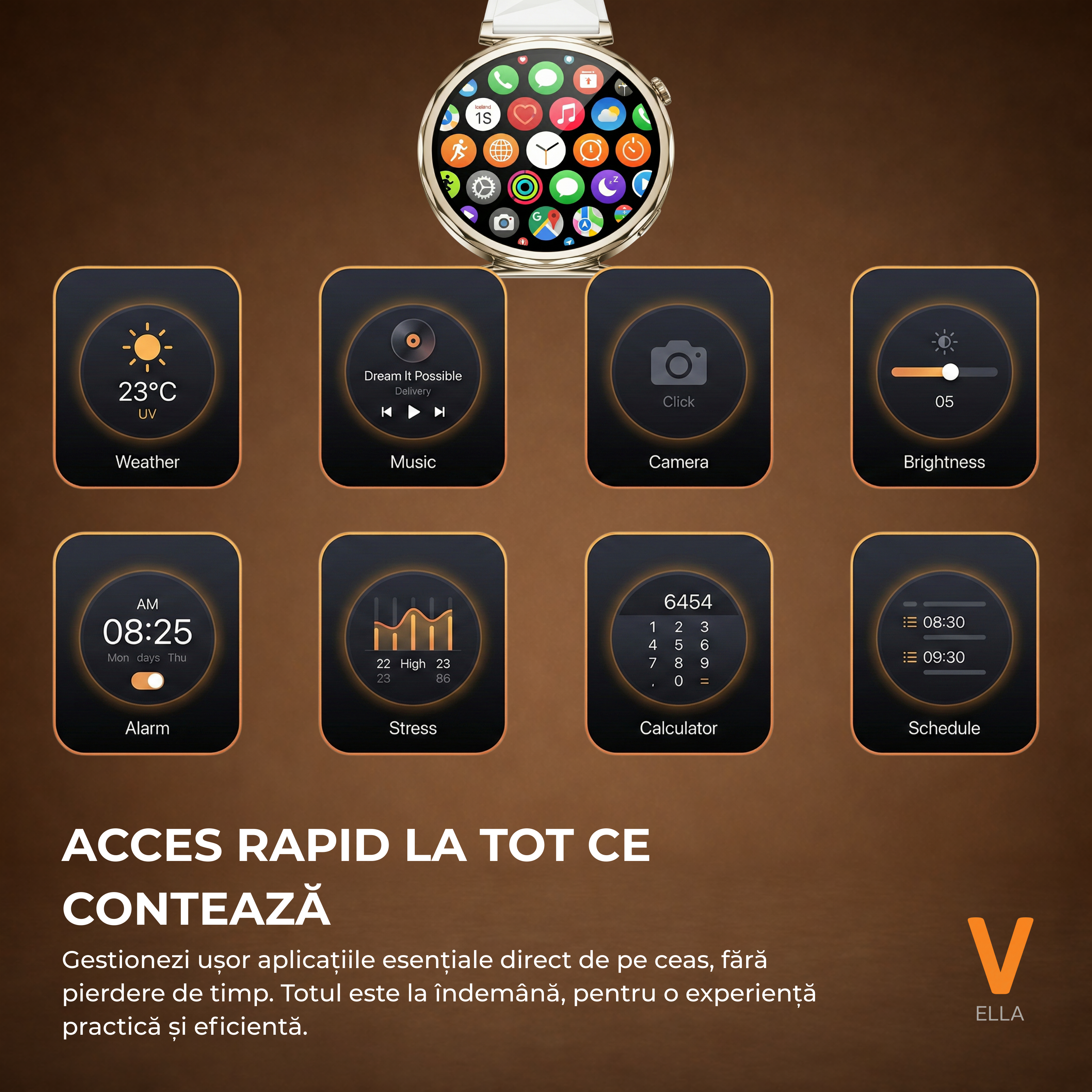 Ceas Smartwatch Dama ELLA Vivendo®, Ecran AMOLED 1.32", Fitness, Apel Bluetooth, Notificari Limba Romana, Asistent Vocal & ChatGPT AI, Incarcare Wireless, Rezistent Apa IP68, 2 Curele Incluse