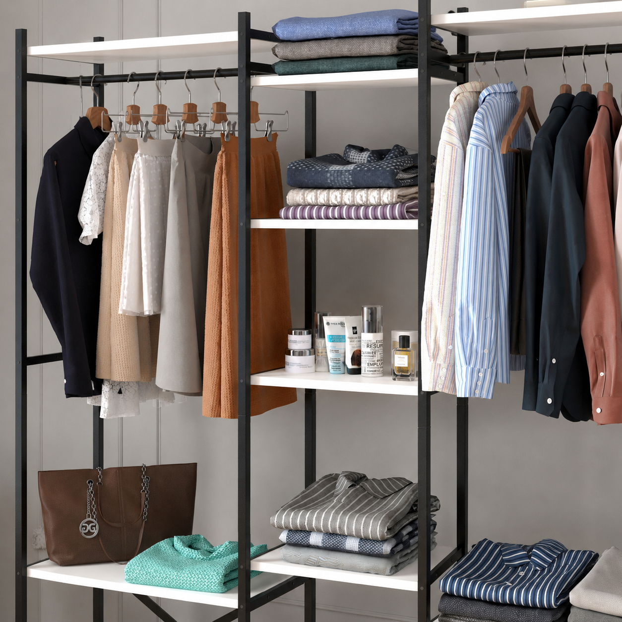 Dressing Deschis Suport de Haine cu 10 Polite pentru Haine, Incaltaminte si Depozitare, 172 x 34 x 181 cm