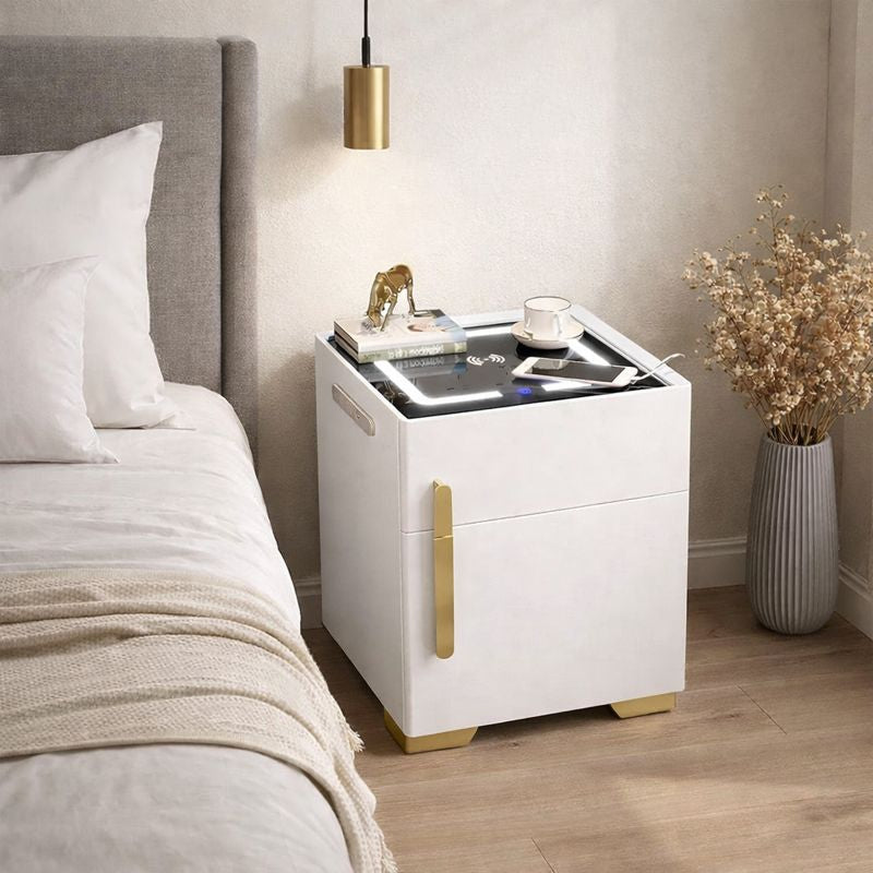 Noptiera cu statie de incarcare, seif ascuns si iluminare LED reglabila 3 culori pentru dormitor si living