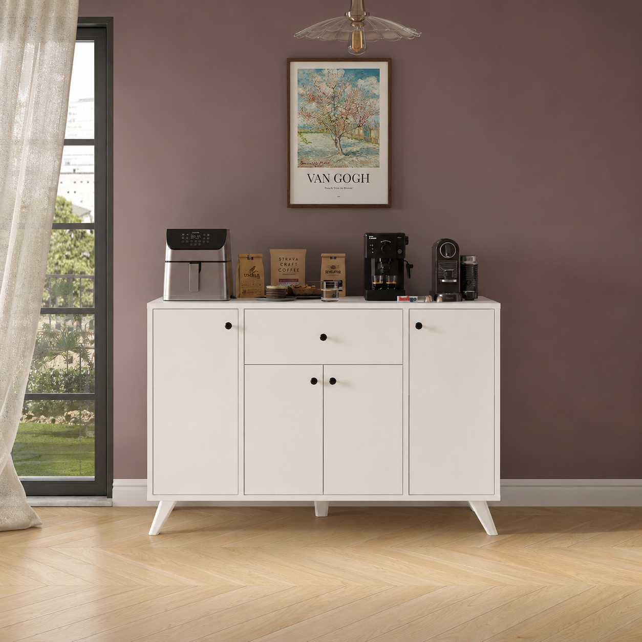 Dulap multifunctional 120x43,4x89 cm, cu 4 usi si sertare, pentru bucatarie, camara sau colt de cafea, alb