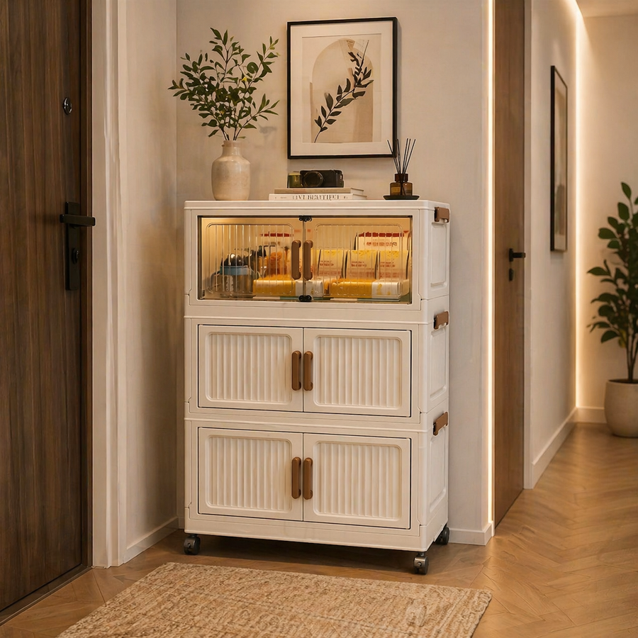 Dulap depozitare pliabil cu usi si roti, organizator multifunctional cu 3, 4 sau 5 rafturi, crem 45 cm