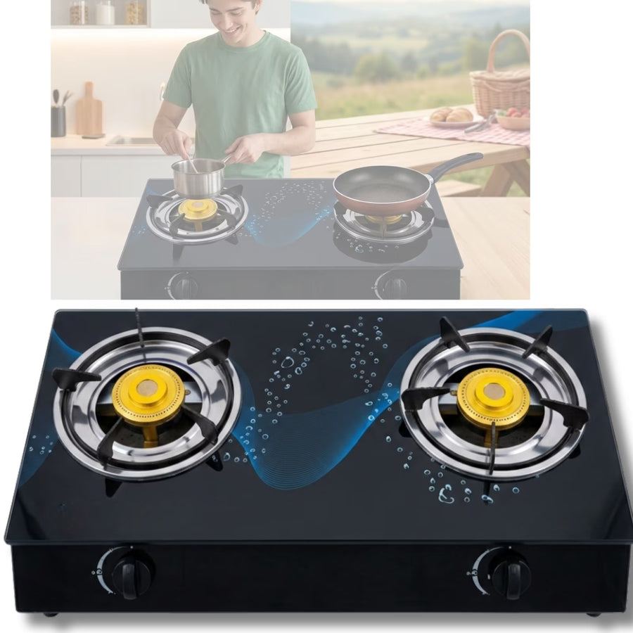 Aragaz Plita Camping 2 Arzatoare Sticla Neagra Securizata Fonta Alama Aprindere Quartz GPL - imagine principala