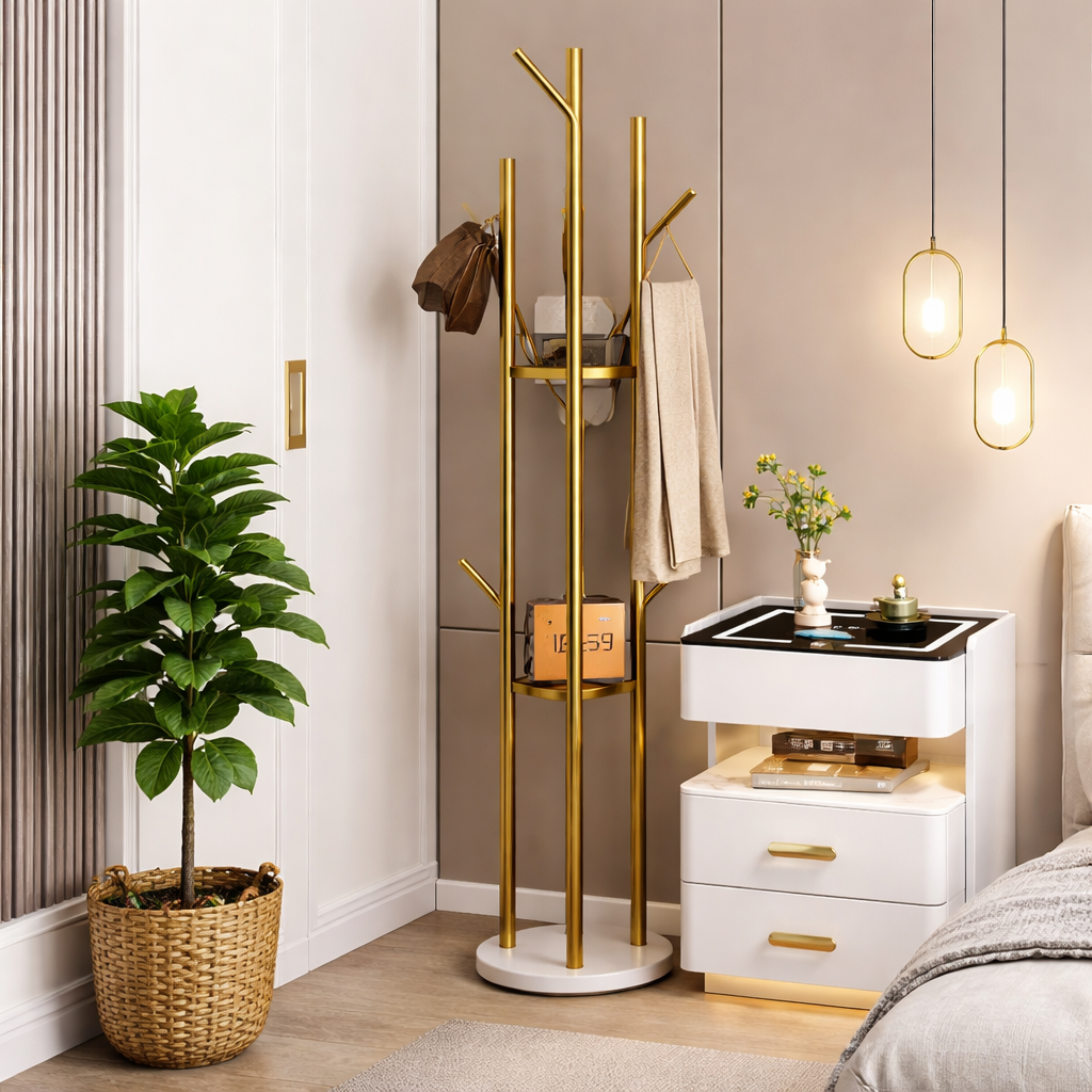 Cuier de Podea Auriu, Metalic, cu 3 Rafturi si Multiple Carlige pentru Haine, Palarii si Umbrele