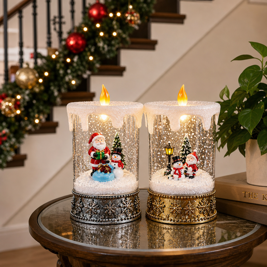 Decorațiune de Crăciun Premium tip Lumânare cu Moș Crăciun și Om de Zăpadă, Iluminare Caldă și Efect de Ninsoare – 12 × 12 × 28,5 cm - detaliu produs