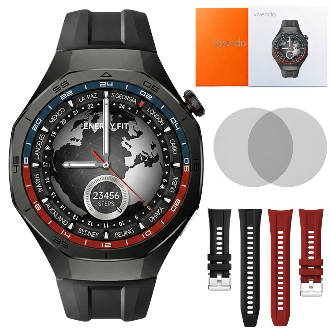 Ceas Smartwatch ENERGYFIT, Ecran AMOLED 1.43", Apel Bluetooth, ChatGPT AI, Notificari Romana, Fitness, Sport, Rezistent Apa 5ATM, Incarcare Wireless, 2 Curele, Negru