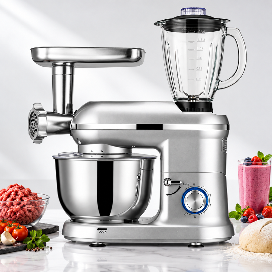 Robot de bucatarie 1400W cu bol inox 5.5L – mixer, tocator si blender multifunctional, argintiu