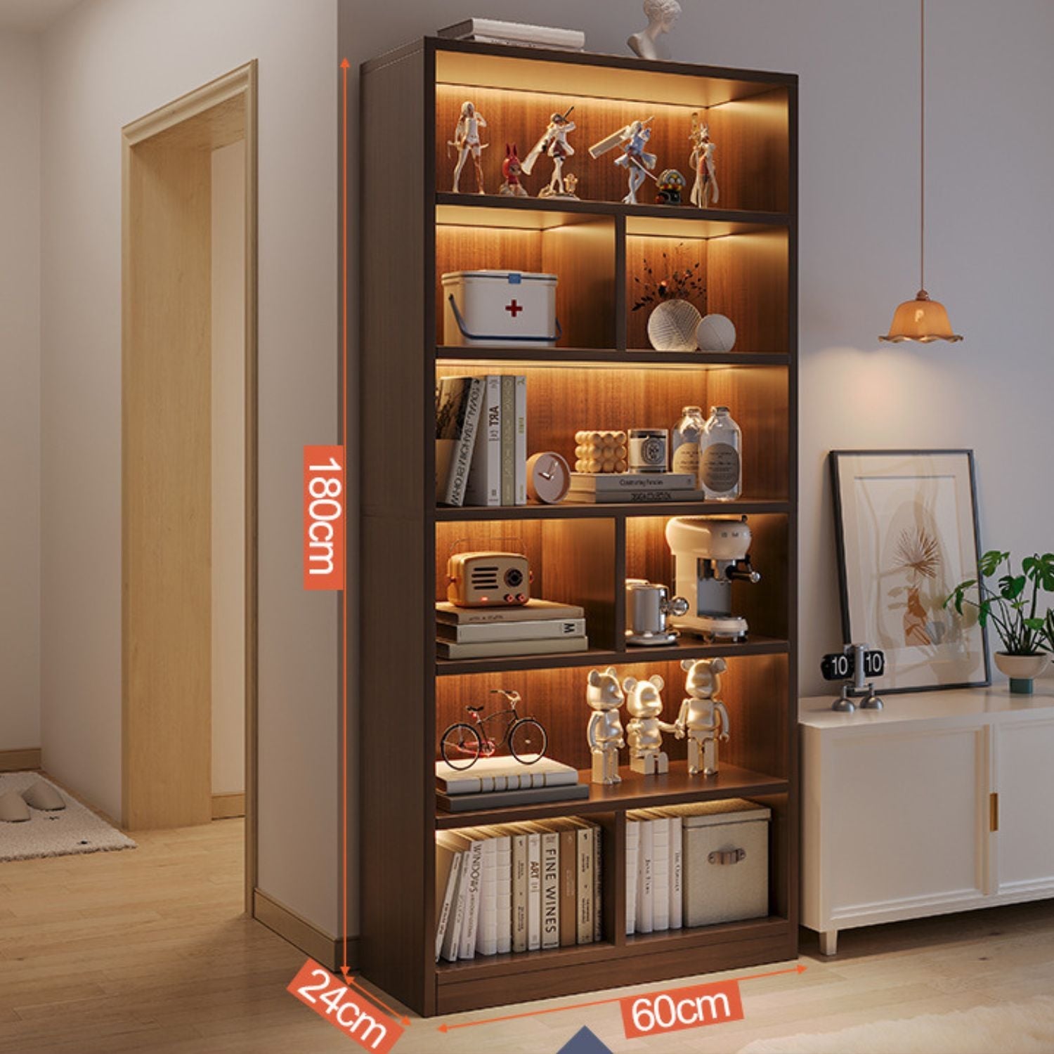 Bibliotecă cu 6 rafturi deschise, cadru lemn – alb/stejar negru, 180x60x24 cm