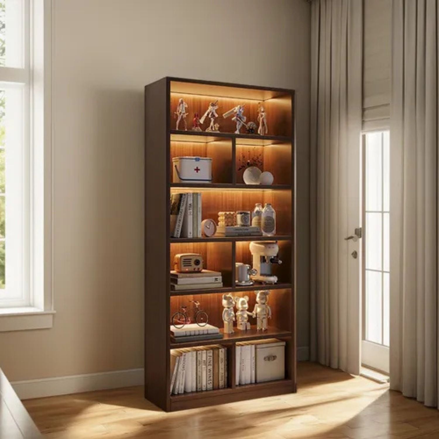 Bibliotecă cu 6 rafturi deschise, cadru lemn – alb/stejar negru, 180x60x24 cm