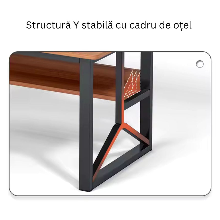 RESIGILAT - Birou cu rafturi integrate pentru laptop sau calculator – 2 polițe de depozitare, cadru metalic – stejar/gri, 140x60 cm