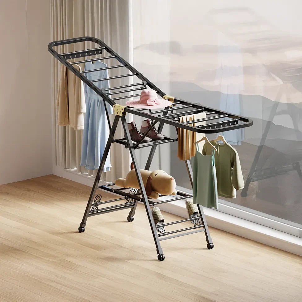 Uscator rufe metalic 180x130 cm, pliabil, cu roti, suport incaltaminte si aripi laterale, alb/negru