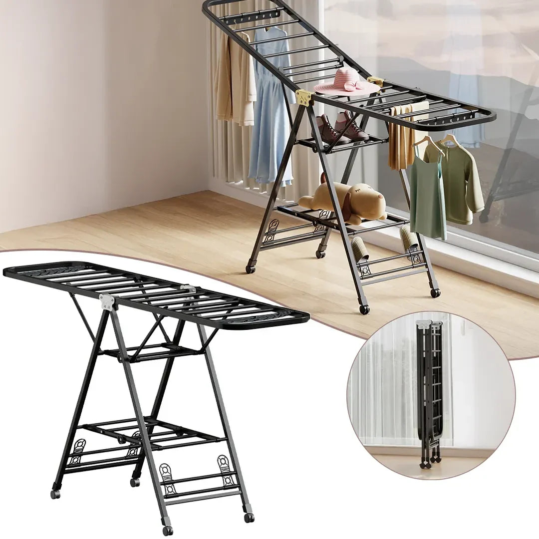 Uscator rufe metalic 180x130 cm, pliabil, cu roti, suport incaltaminte si aripi laterale, alb/negru