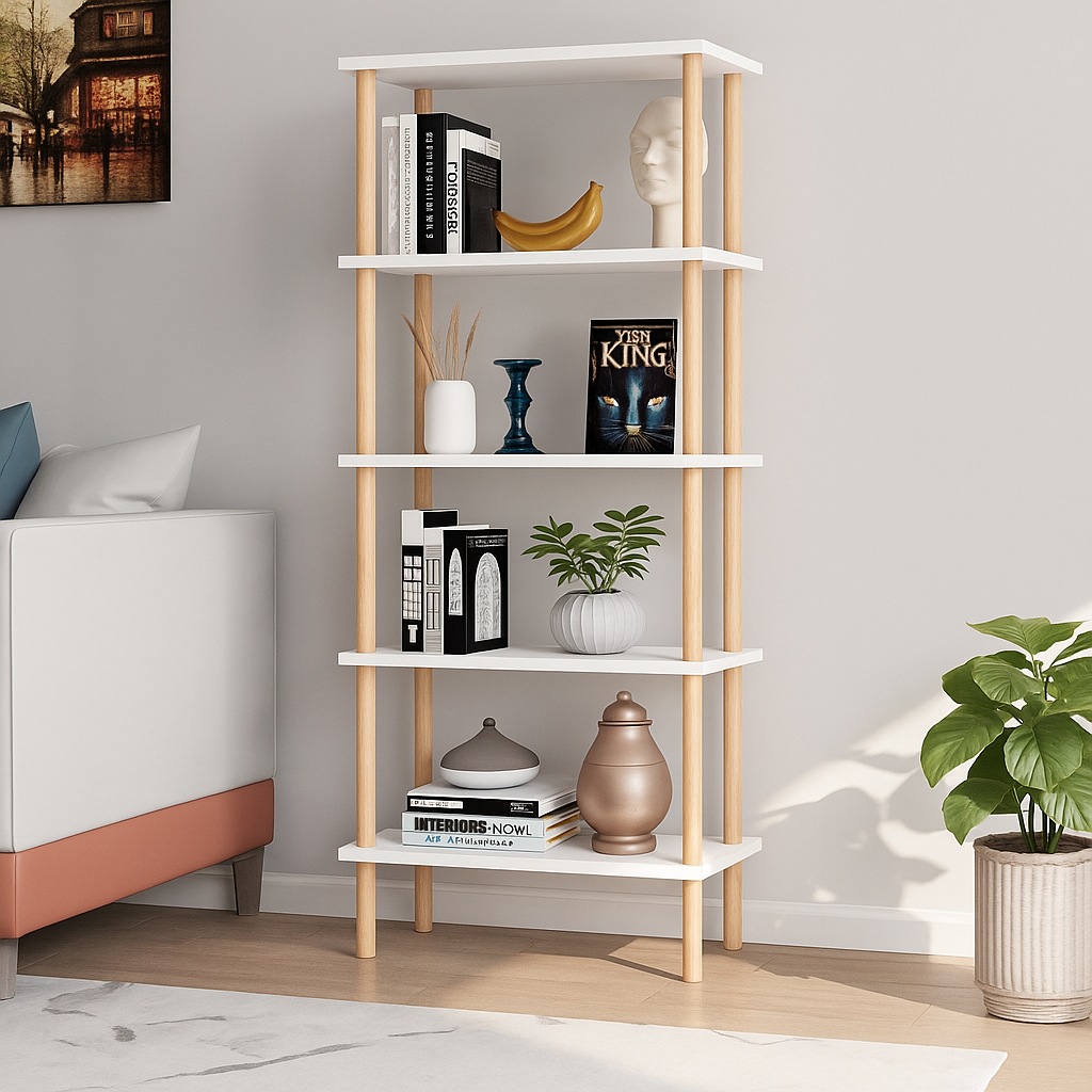 Raft decorativ cu 5 polite  din lemn, design modern, 29x60x137 cm