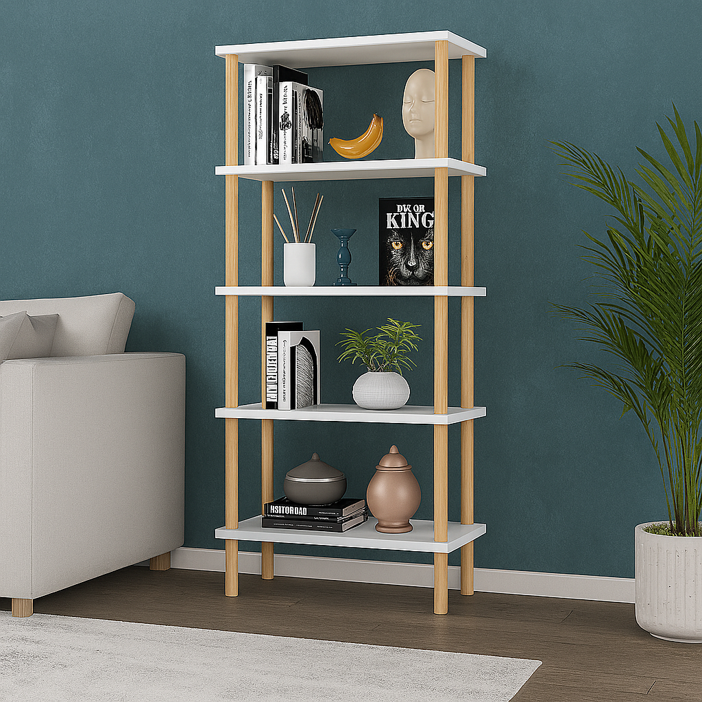 Raft decorativ cu 5 polite  din lemn, design modern, 29x60x137 cm