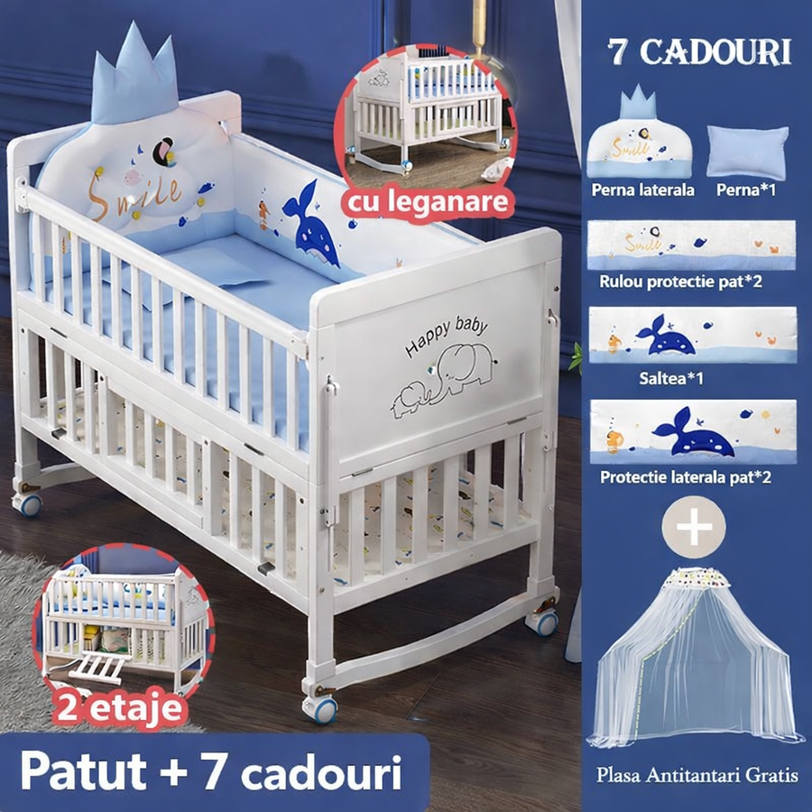 RESIGILAT - Pătuț bebe din lemn alb cu plasă de țânțari, saltea, pilotă și covoraș-pat nou-născuți multifuncțional, 118x68cm