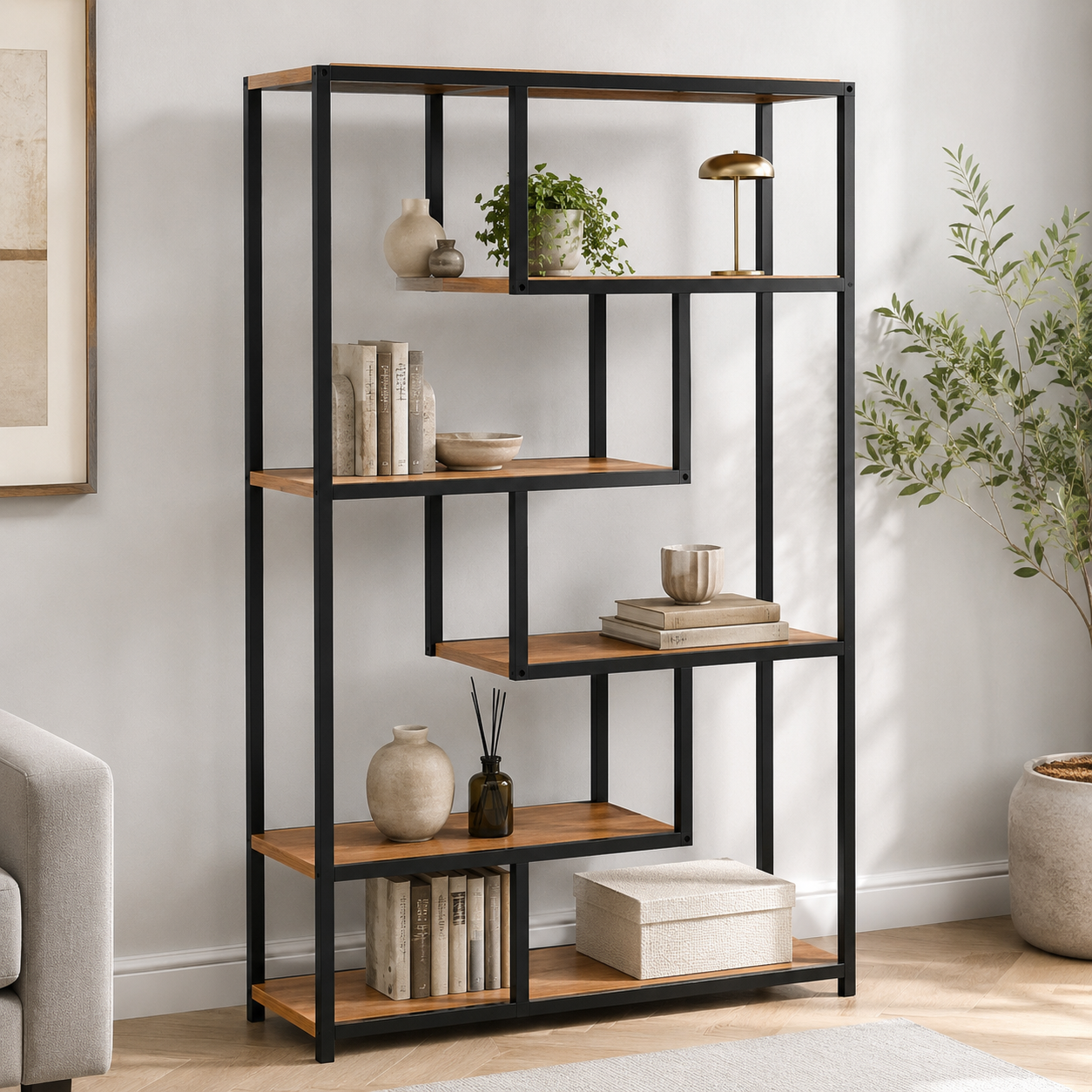 RESIGILAT - Biblioteca Moderna cu 6 Rafturi pentru Living si Birou, Cadru Metalic, PAL 18 mm, 88 x 30 x 160 cm