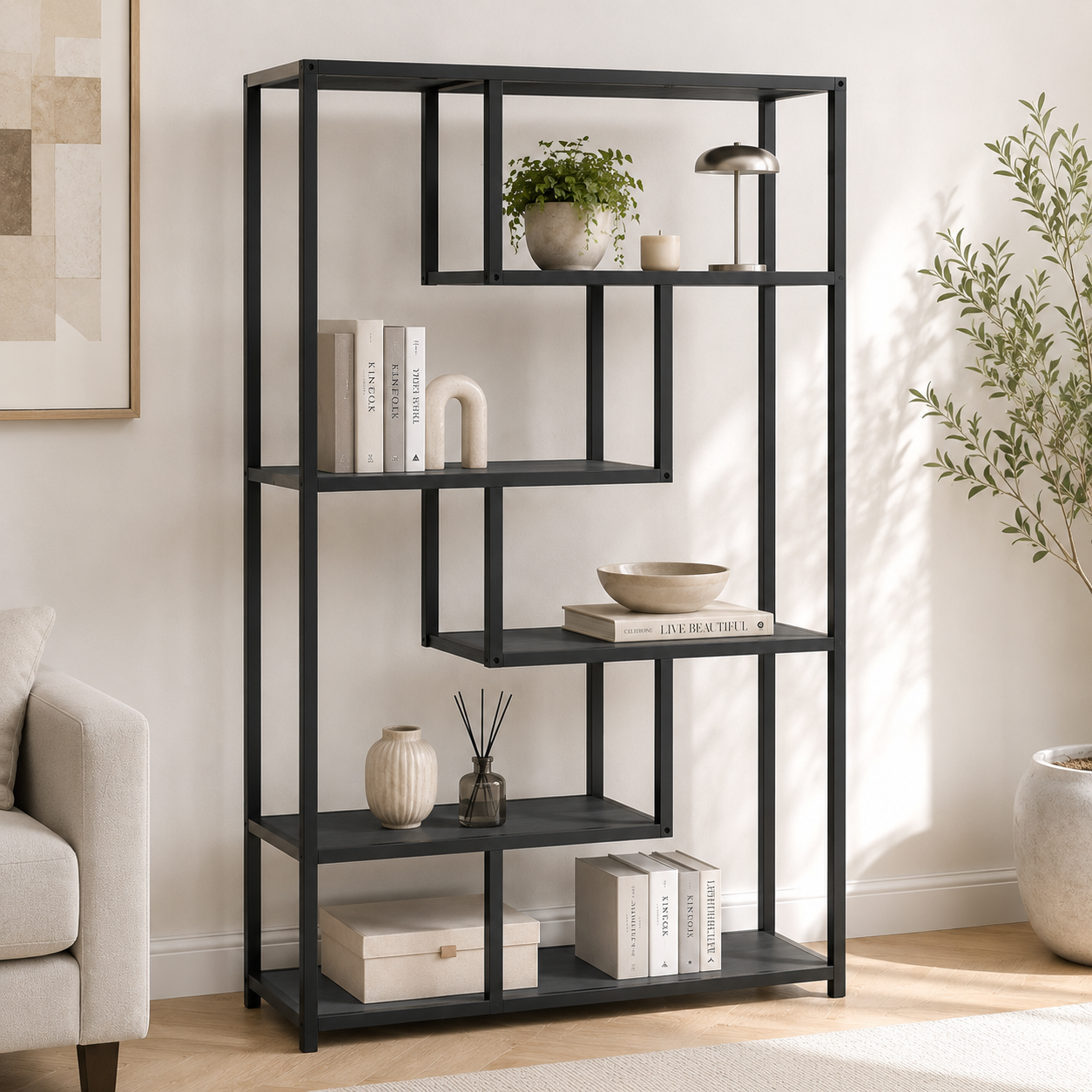 RESIGILAT - Biblioteca Moderna cu 6 Rafturi pentru Living si Birou, Cadru Metalic, PAL 18 mm, 88 x 30 x 160 cm