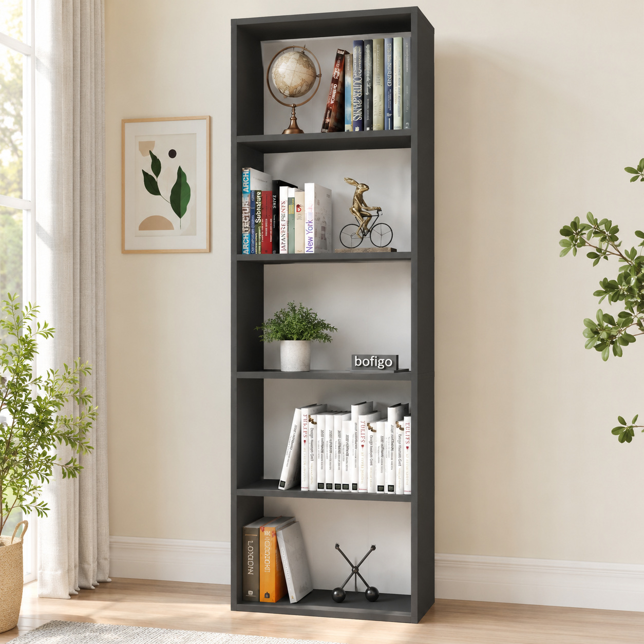 Biblioteca Decorativa cu 5 Rafturi, Design Inalt si Ingust, PAL E1, 55 x 20 x 172 cm
