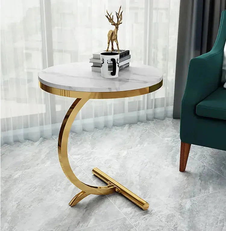 Masa laterala rotunda din otel inoxidabil auriu – stil nordic, model marmura alba 50 x60 cm