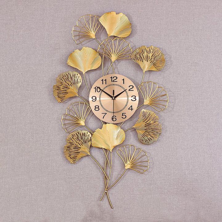 Ceas de perete decorativ 76 x 42 cm – design artistic cu frunze metalice, decor lux pentru living