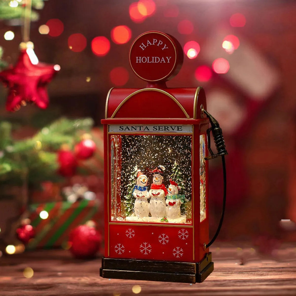 Glob de zapada muzical in forma de statie de benzina – cu lumini, efect de ninsoare si 8 melodii de Craciun