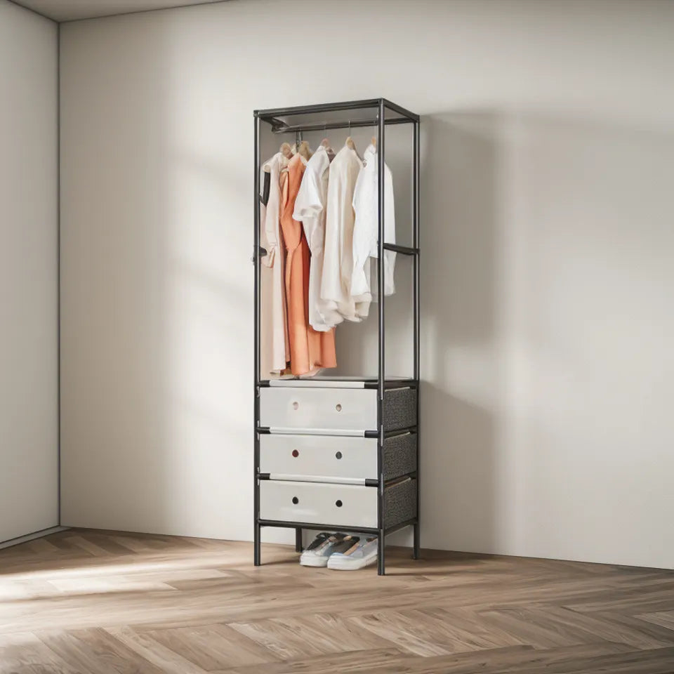 Organizator haine cu 3 sertare si bara umerase 41x41x188 cm, Negru