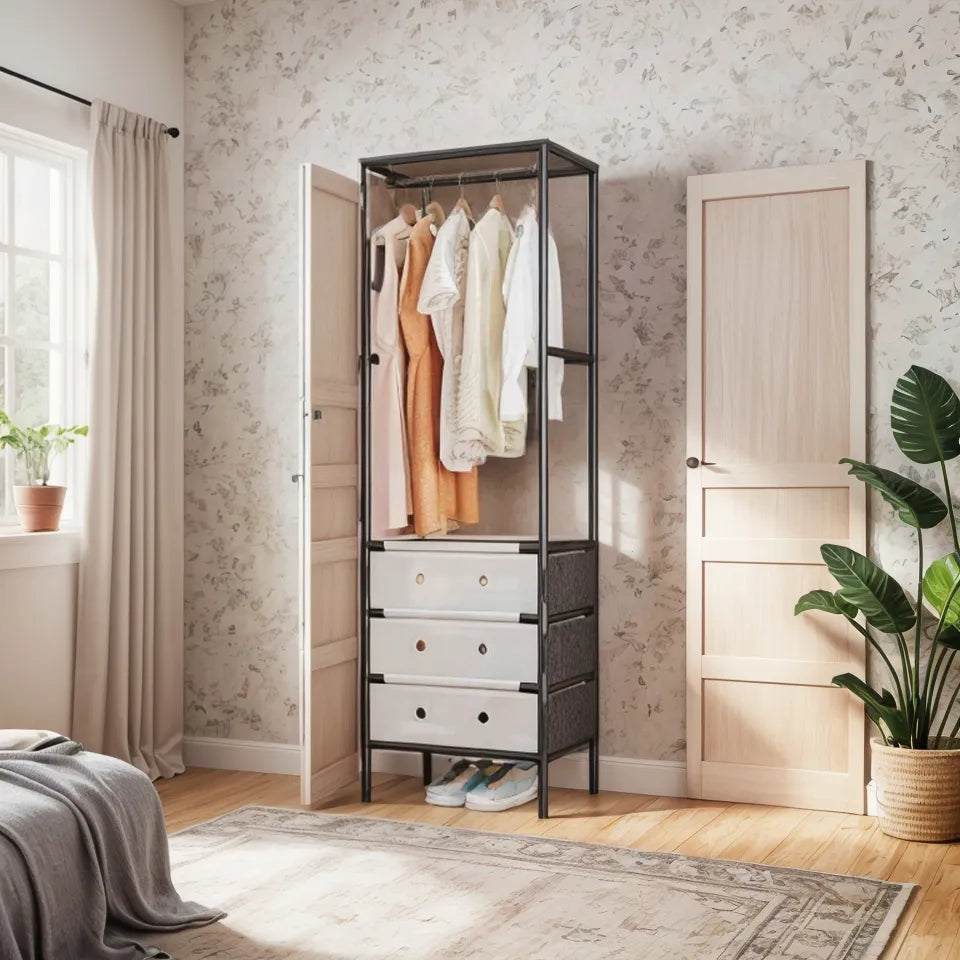 Organizator haine cu 3 sertare si bara umerase 41x41x188 cm, Negru