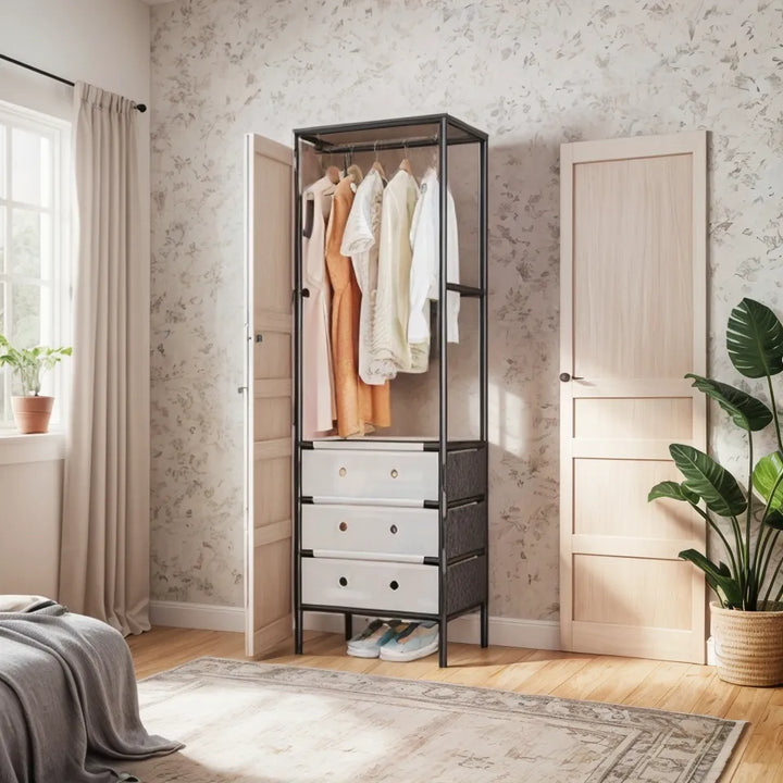Organizator haine cu 3 sertare si bara umerase 41x41x188 cm, Negru