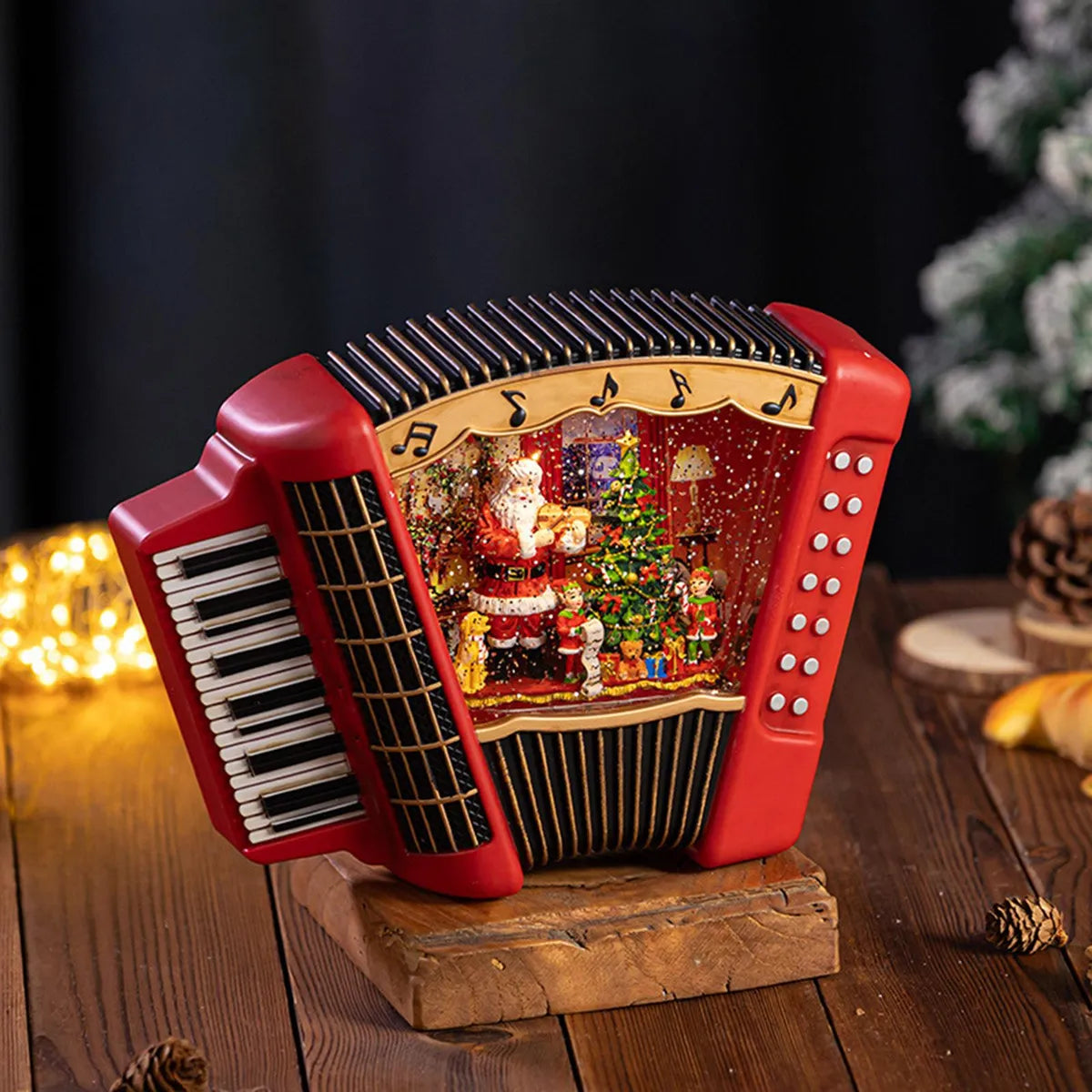 Acordeon decorativ Craciun premium cu lumini, muzica si glob cu zapada
