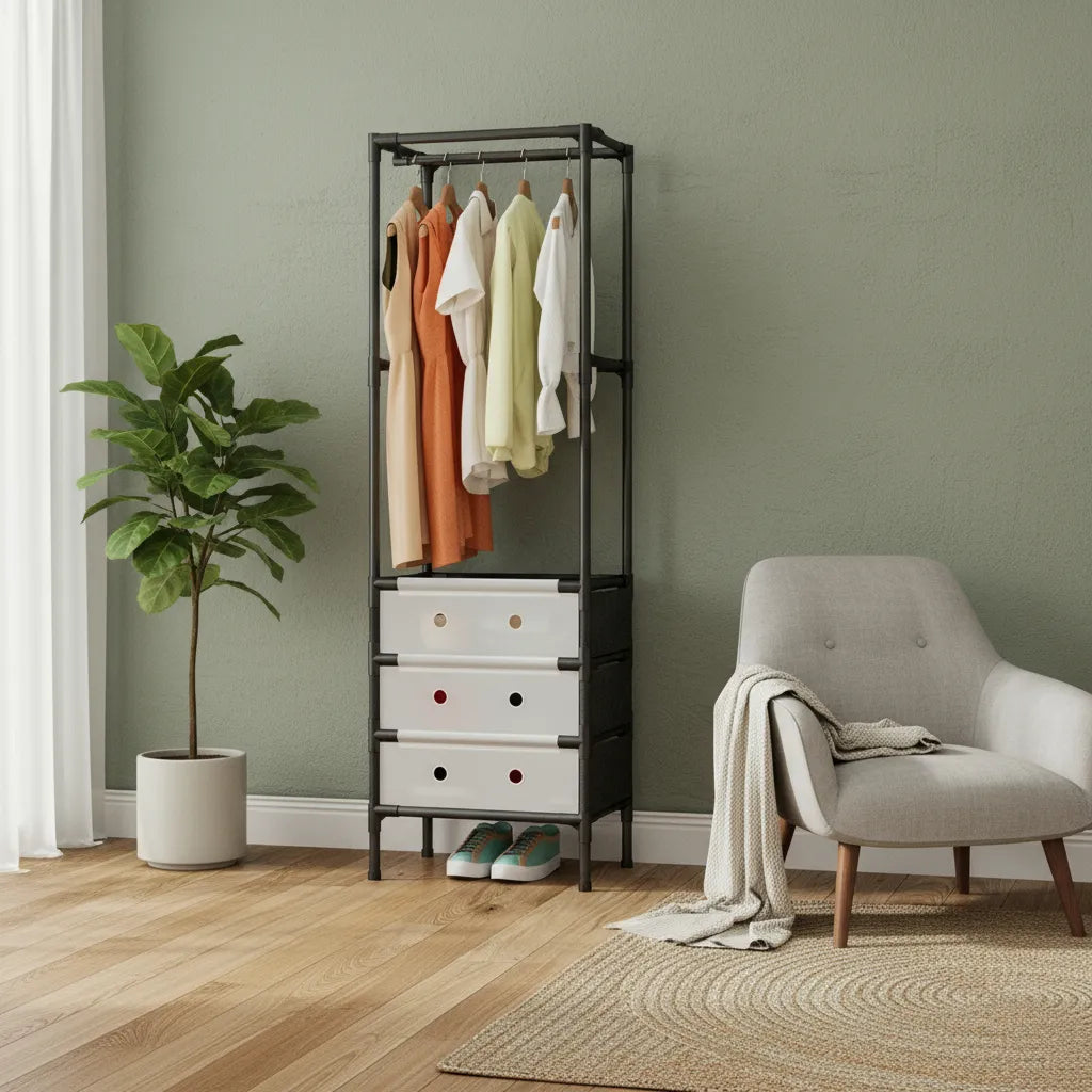 Organizator haine cu 3 sertare si bara umerase 41x41x188 cm, Negru