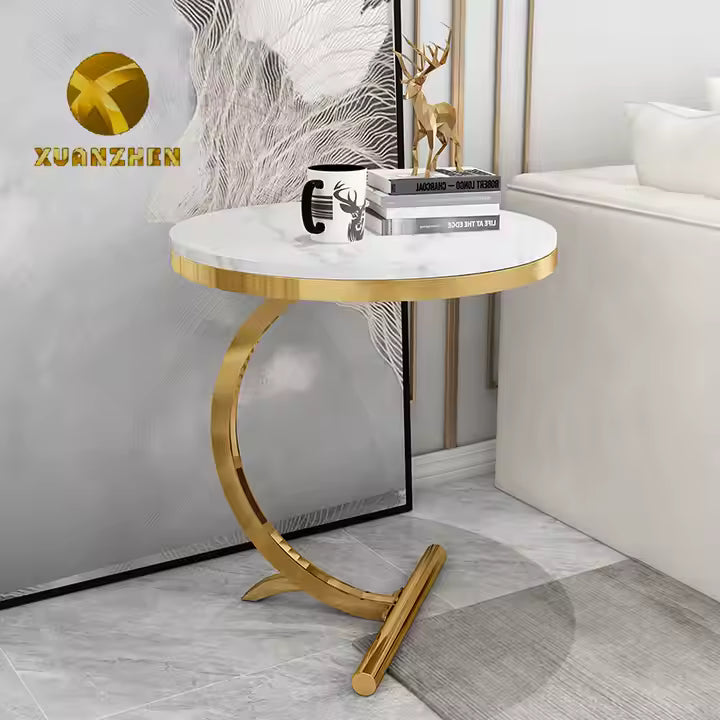 Masa laterala rotunda din otel inoxidabil auriu – stil nordic, model marmura alba 50 x60 cm