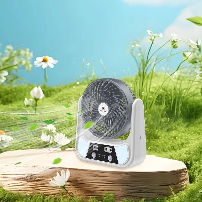 Ventilator cu incarcare solara, 15/20 cm, cu 2 becuri incluse, functie de powerbank, din ABS, cu USB, alb/gri