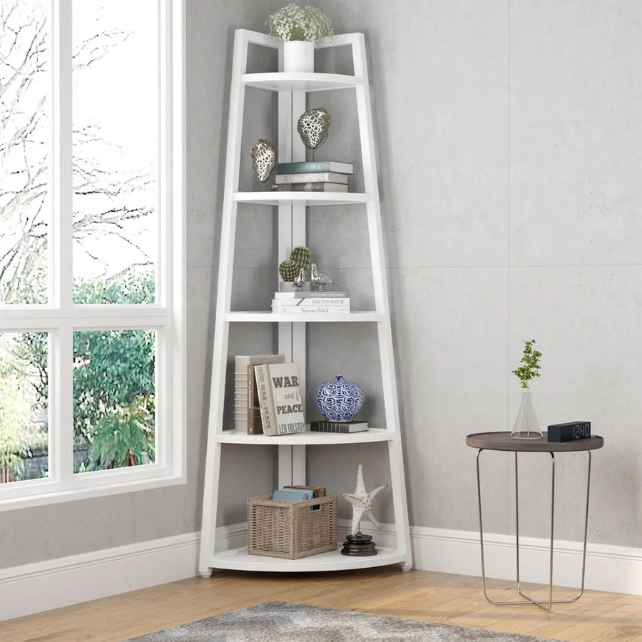 Raft biblioteca de colt cu 5 polite, alb, 52 x 34 x 110cm