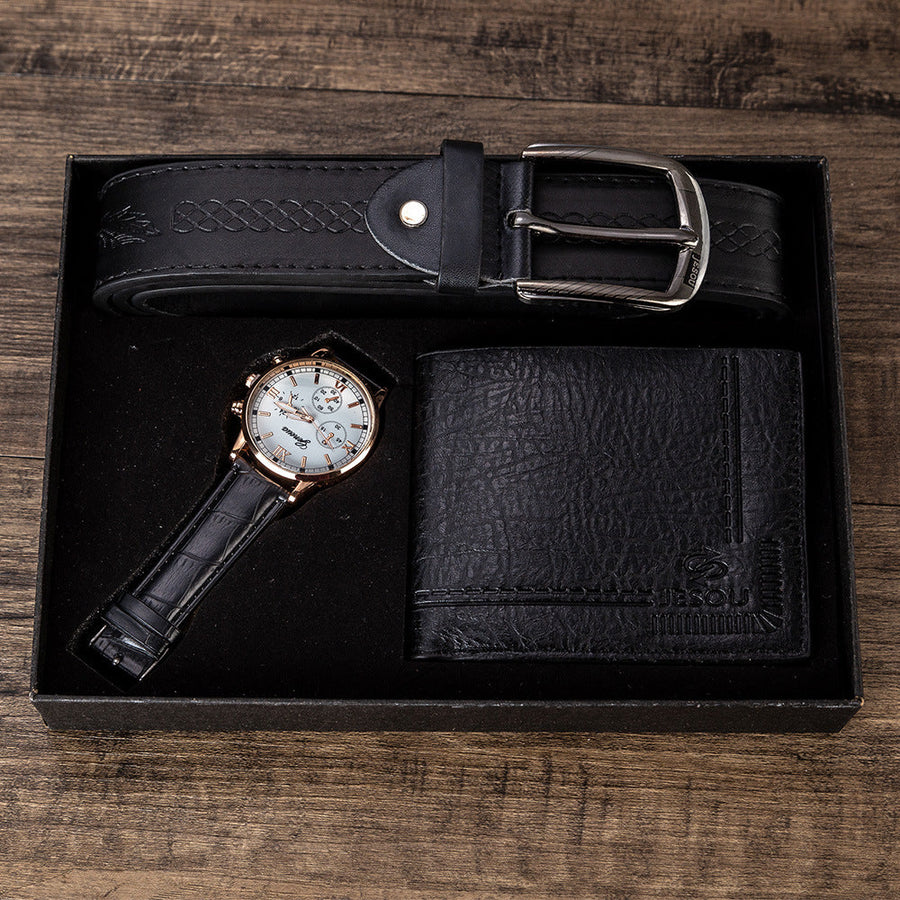 Set Cadou Barbati – Portofel, Curea si Ceas Casual din Imitatie Piele Premium