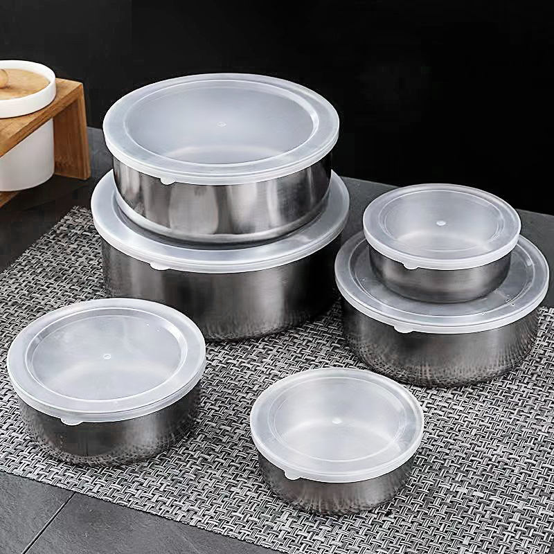 Set 5 Caserole Metalice cu Capac Plastic, Depozitare Alimente Inox, Diferite Dimensiuni, Bucatarie