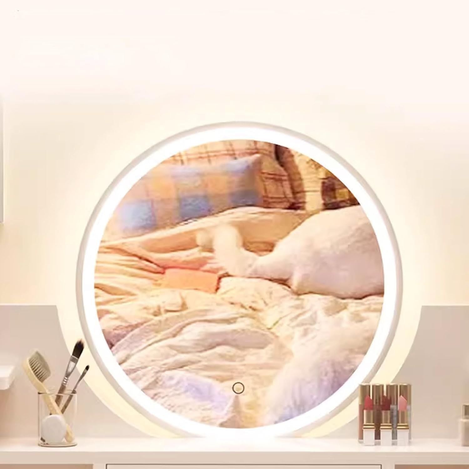 RESIGILAT - Masa toaletă cu oglindă LED tactilă, cu rafturi și sertare – MDF + lemn masiv, alb/gri, 100x120x40 cm