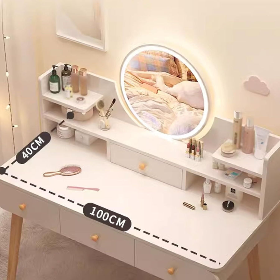 RESIGILAT - Masa toaletă cu oglindă LED tactilă, cu rafturi și sertare – MDF + lemn masiv, alb/gri, 100x120x40 cm